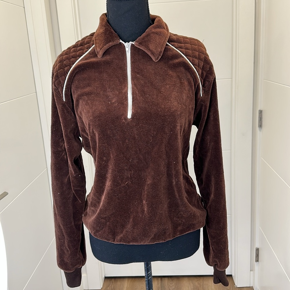 Vintage velvet Velour Half Zip Pullover 70s velvet Streetwear Quiet Luxury Brown - Picture 5 of 14